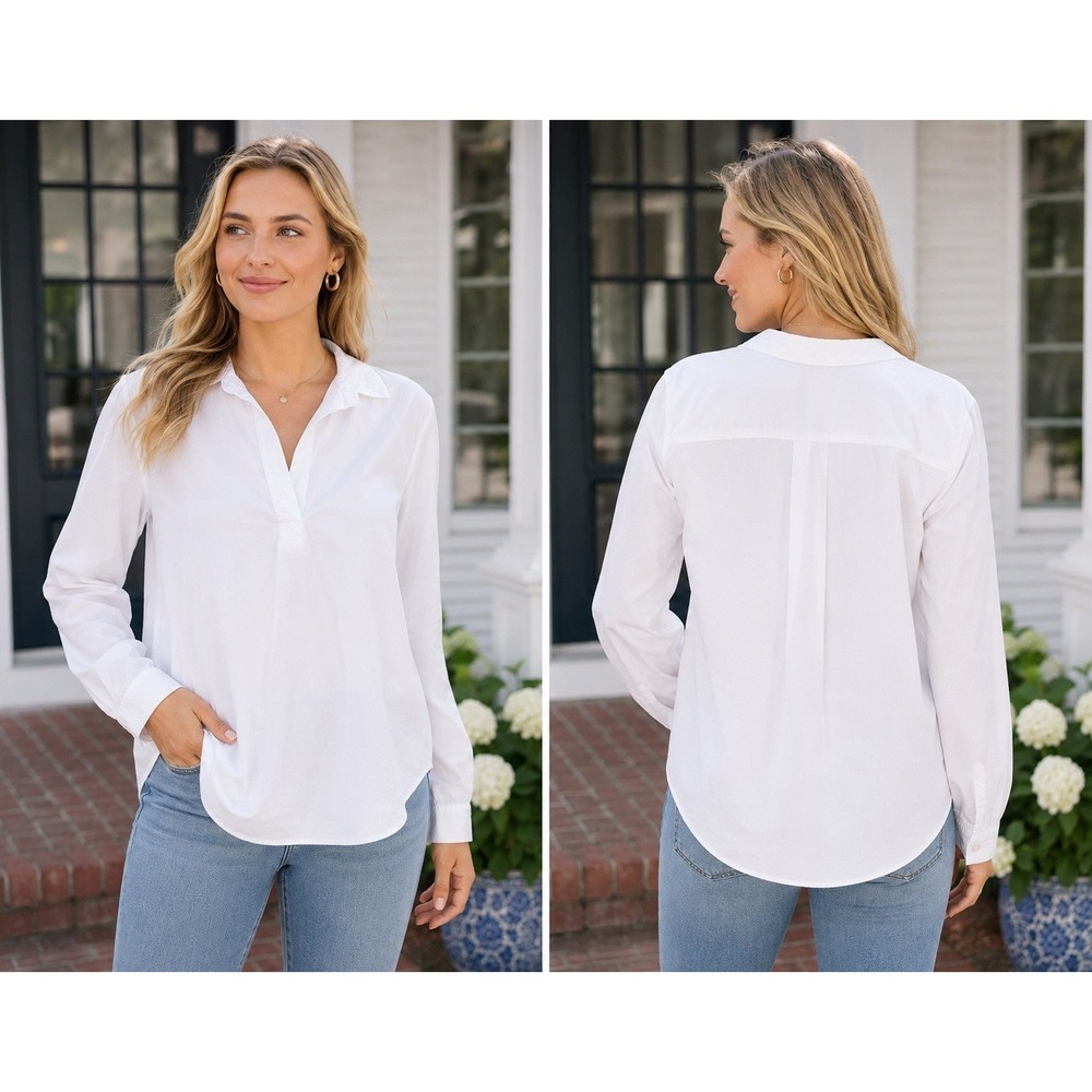 J Crew White Cotton Stretch Popover Shirt Top XL Preppy Coastal Minimalist Tunic